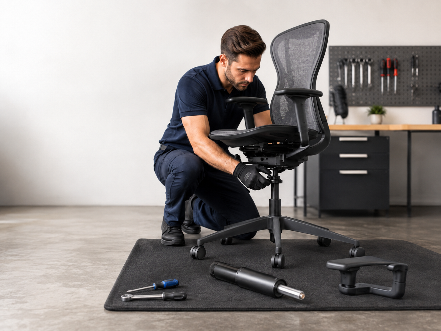 Técnico trocando o encosto de uma cadeira